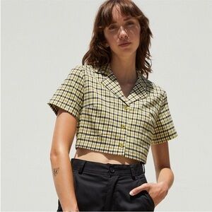 John Galt Green Blue White Cropped Plaid Button Down Collar Top Size X Small